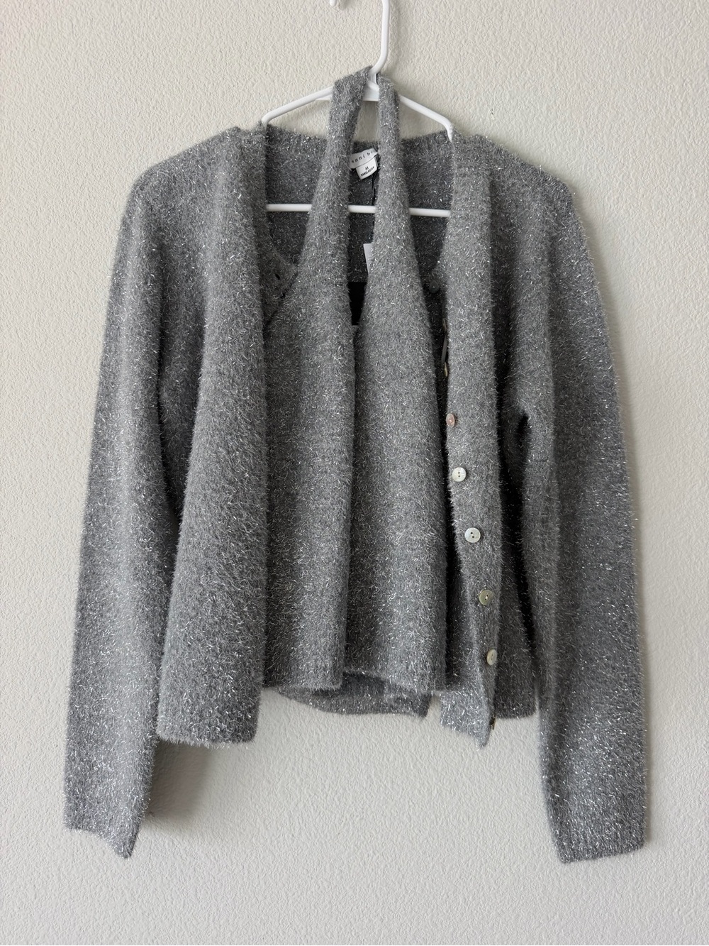 Gianni Bini Tinsel Cardigan Halter Top Set M Silver Grey Metallic Twinset NWT